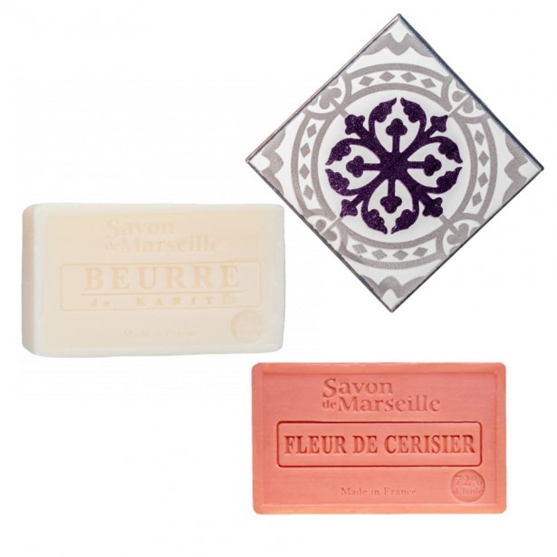 Porte-savon Carreau de Ciment et 2 savons : Beurre de Karité et Fleur Cerisier