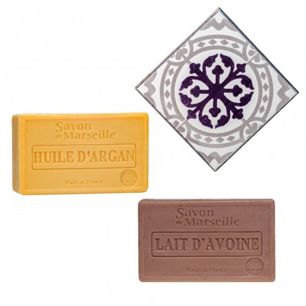 Porte-savon Carreau de Ciment et 2 savons : Huile d'Argan et Lait d'Avoine