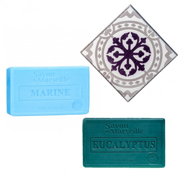 Porte-savon Carreau de Ciment et 2 savons : Marine et Eucalyptus