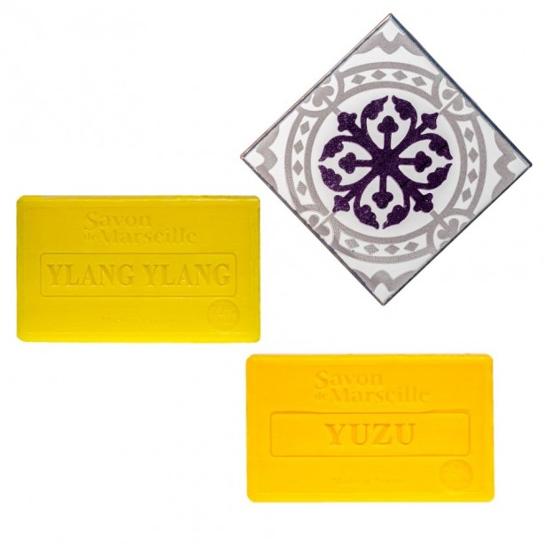 Porte-savon Carreau de Ciment et 2 savons : Yuzu et Ylang-Ylang