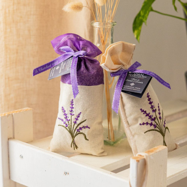 Sachet de Lavande & Lavandin en Organza & Lin brodé